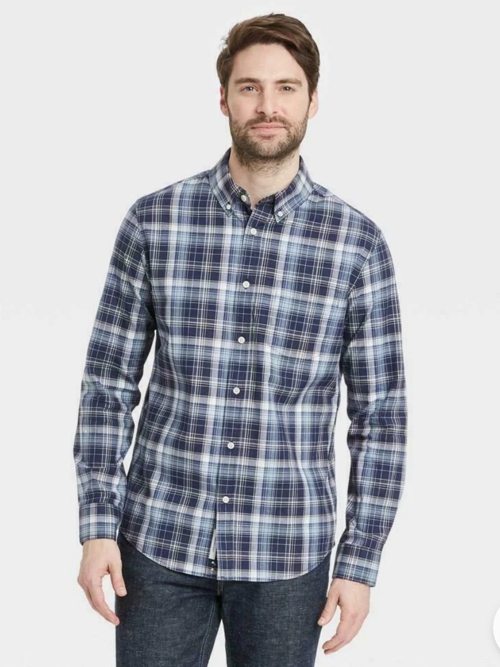 Goodfellow & Co Navy and Light Blue Plaid Button-Down Shirt